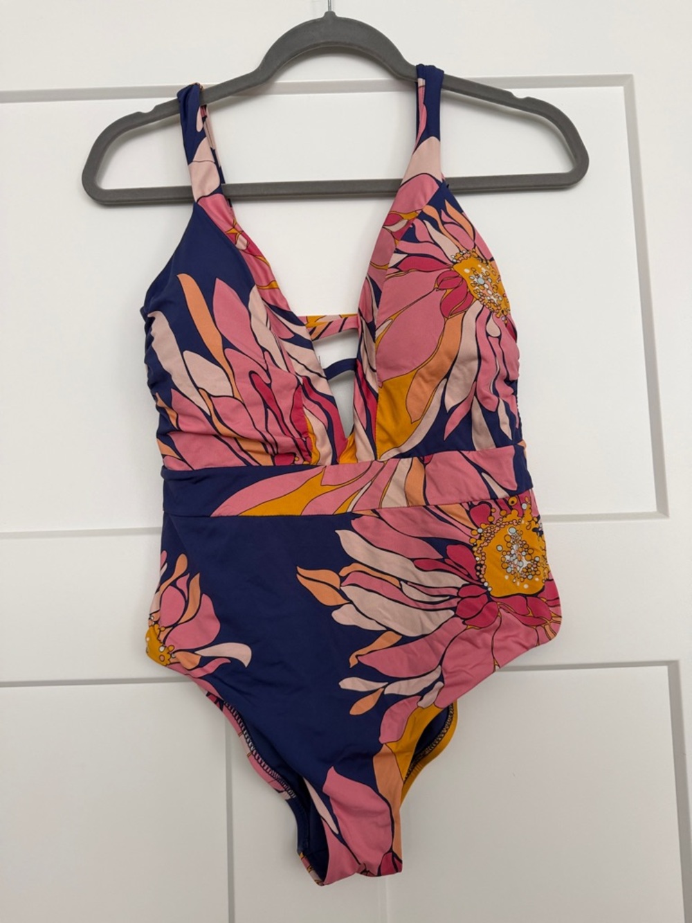 Trina Turk Navy One-Piece Swimsuit with Pink & Yellow Floral Print size 12 vgc